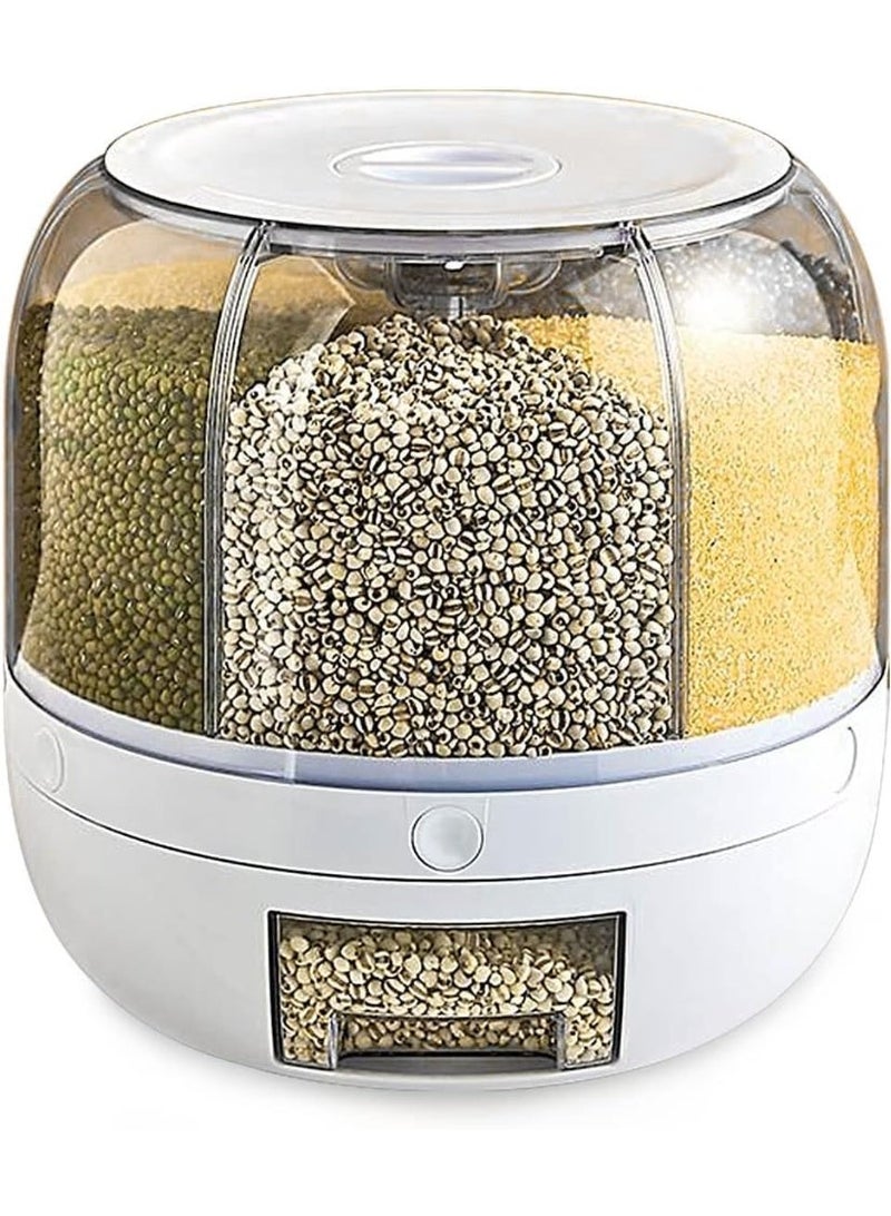 معرض الأعياد موزع حاوية تخزين الحبوب، موزع أرز بسعة 22 رطلاً دوار، موزع طعام يدور بزاوية 360° إخراج بضغطة واحدة لتخزين الأرز، موزع حجمي دائري للمطبخ للحبوب الصغيرة، والفاصوليا، والأرز بسعة 6 أقسام - Image 1